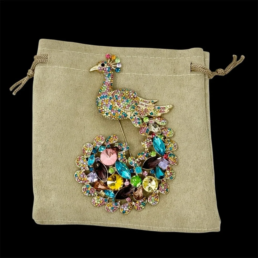 HUGE Signed Peacock Multicolor Rhinestone Gold Tone Brooch Pin